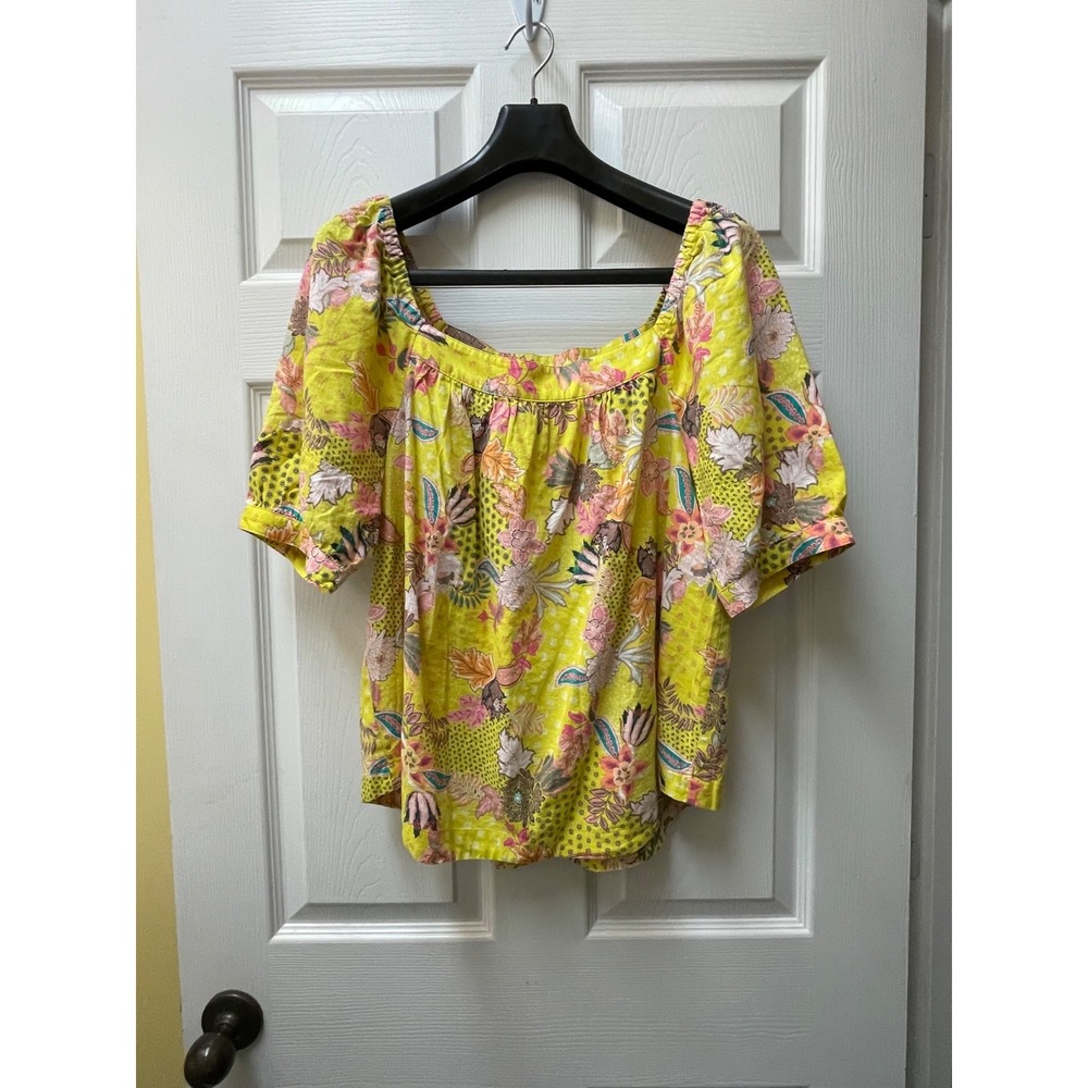 Loft Women's Medium Top Yellow Floral Linen Blend Knit Square Neck Blouse‎ - Picture 2 of 14